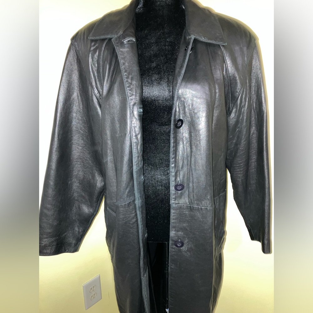 Luis Alvear Emo Goth vintage black leather long trench car coat jacket M medium
